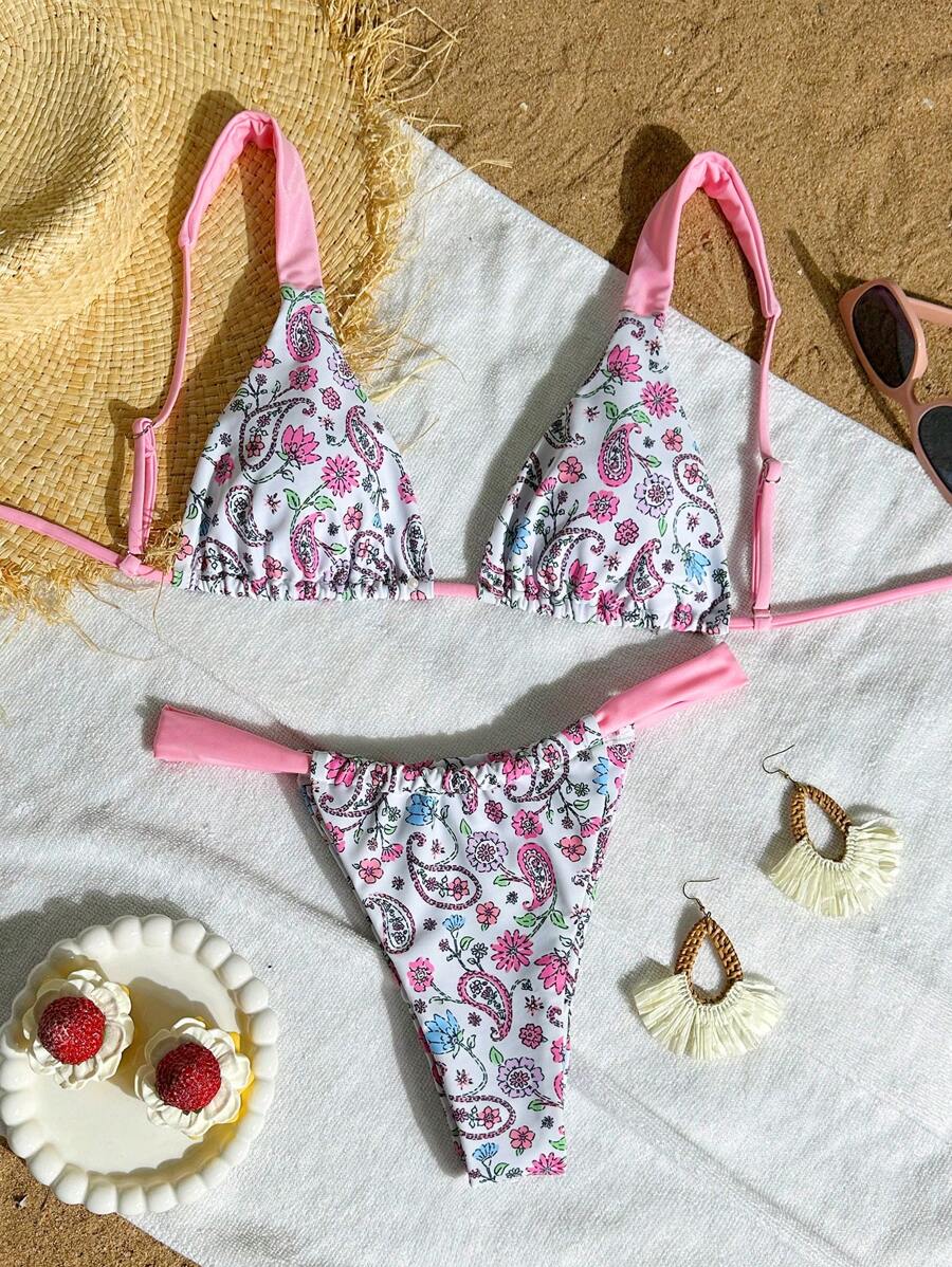 SHEIN Swim Women's Paisley Print Swimsuit Set, Lace-Up Print Top With Sexy Thong Bottoms, For Swimming Pool, Beach, Sunbathing, Resort Party For Summer Beach Vacation - Pink - View 1