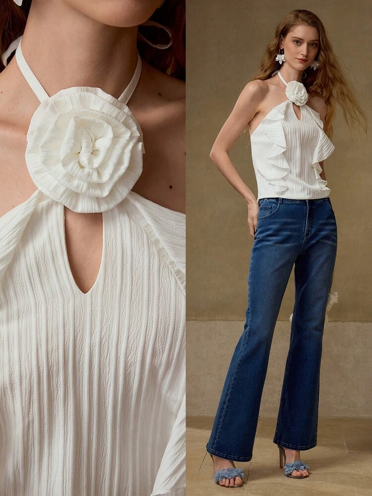 STEREO FLORAL RUFFLED HALTER TOP