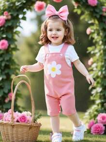 2 件套女婴雏菊花朵印花可调节按扣连体衣套装，舒适可爱的春夏秋季服装 - 彩色 - 查看 8