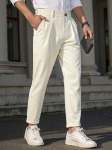 Manfinity Bizformal Quần âu ống đứng cài nút túi trơn cho nam màu trắng - Màu be - Xem 1