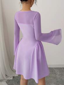 Selianne Neues Damen Mesh Patchwork Kleid mit geraffter Taille und Schleife am Kragen, A-Linie, tailliert, modisch, vielseitig, jung, elegant, sexy, Mini-Kleid - Violett - Übersicht 2