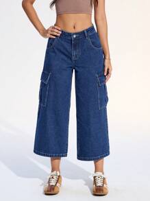 SHEIN EZwear Jeans amples à jambe large avec rabat de poche pour femmes, pour un usage quotidien casual