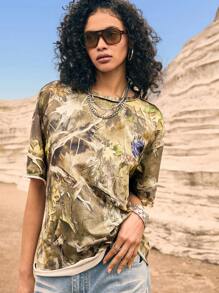 Easelle Summer Women's Vintage Western Style, Cowgirl Camouflage Branch & Leaf Splatter Print Knitted Women's Casual Loose T-Shirt - Multicolor - View 5