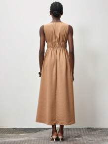 Lumivelle Summer Casual Solid Color V-Neck Ruched Dress - Brown - View 2