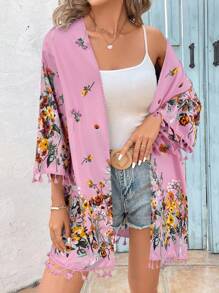 SHEIN VCAY Women's Floral Print Tassel Sleeve Kimono Robe Swimsuit Cover Up