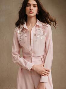 Anewsta Elegant Loose Women Blouse With Shallow Pink Sequin Embellishment, Tencel Semi-Sheer Fabric, Versatile For Spring, Festival, Valentine, Party, Easter Season - Pink - View 7