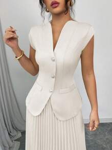 Chiquease 2pcs Women Simple Plain Cardigan And Pleated A-Line Skirt Set - Apricot - View 5