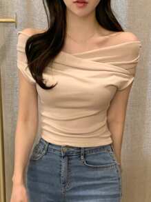 DAZY Women Solid Color Off-Shoulder Short Sleeve T-Shirt, Spring/Summer,Off Shoulder Top Going Out Tops Women - Apricot - View 4