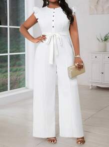 SHEIN Lady Spring And Summer Elegant Commuting Office White Knitted Round Neck Flounce Sleeve Button Belted Long Sleeveless Plus Size Jumpsuits - White - View 1
