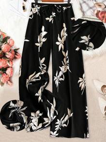Linhara Plus Size Women Floral Printed Casual Wide Leg Loose Pants Fall Cloth For Women - Black - View 1