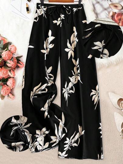 Linhara 大码女式花卉印花休闲宽腿宽松裤