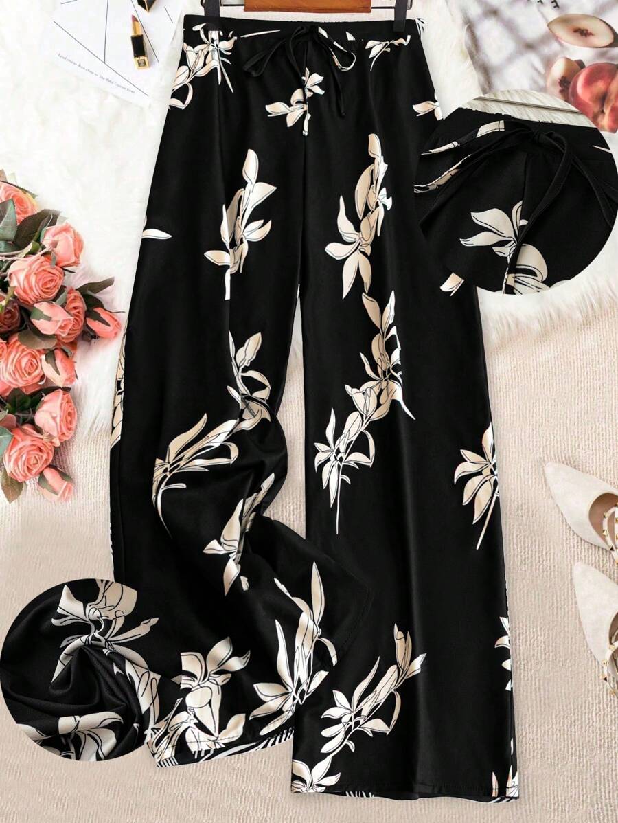 Linhara Plus Size Women Floral Printed Casual Wide Leg Loose Pants Fall Cloth For Women - Black - View 1