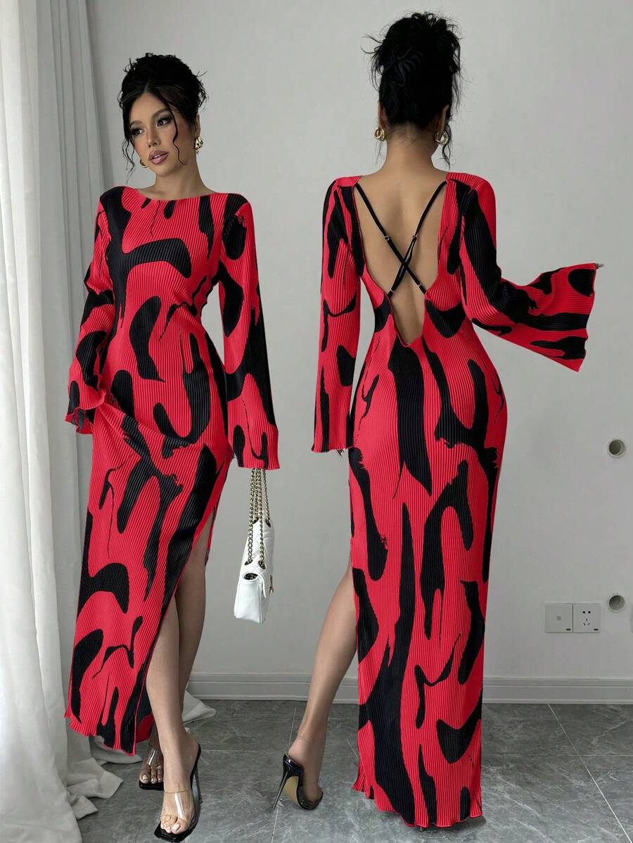 Chiquease Elegant Women's Full Print Slit Bell Sleeve Backless Dress - Red - View 1
