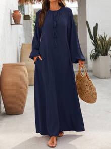 EMERY ROSE Women's Solid Color Front Tie Long Sleeve Pockets Casual Loose Dress - Navy Blue - View 6