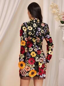 Almamuse Vestido corto minimalista para mujer con cuello alto, manga larga y bordado en red
