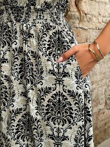 SHEIN LUNE Plus Size Women's Paisley Black And White,Summer,Boho,Elegant,Tea Party Shirred Cap Sleeve Cinched Waist Ruffle Hem Dress Graduation Beach Vacation - Multicolor - View 8