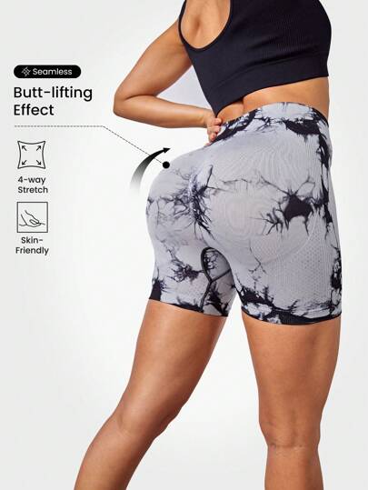 Pantaloncini sportivi a tie dye senza cuciture, pantaloncini da ciclismo elastici per palestra, pantaloncini corti da donna