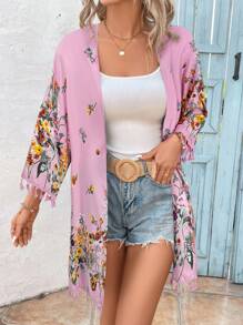 SHEIN VCAY Women's Floral Print Tassel Sleeve Kimono Robe Swimsuit Cover Up