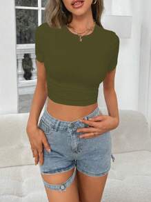 Zolique Casual Versatile Minimalist Solid Color Slim Fit Cropped T-Shirt - Army Green - View 4