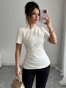 Calvaya Blusa elegante e alla moda a collo alto con vita stretta e vestibilità aderente