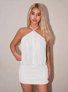 SHEIN ICON 夏季性感褶皱迷你挂脖紧身连衣裙 - 白色 - 查看 3