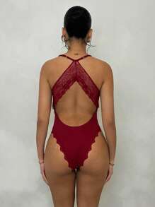 Glamine Women's Burgundy Knitted Bodysuit With Spaghetti Straps, Lace Detail, And Ruffle Neck - Burgundy - View 1