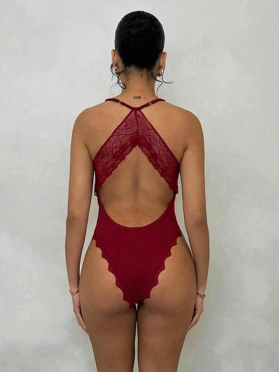 Glamine Women's Burgundy Knitted Bodysuit With Spaghetti Straps, Lace Detail, And Ruffle Neck - Burgundy - View 1