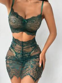 2 件套蕾丝无线内衣裙套装 - 女士外出吊带背心和丁字裤