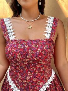 SHEIN Clasi Vestido mini con volantes de encaje y parches de flores diminutas románicas, talla grande