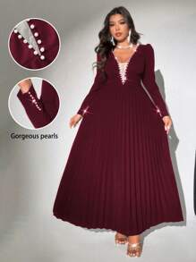 Viva Relle Plus Size Women Elegant & Romantic V-Neck Long Sleeve Pearl Decor Pleated Dress,Valentine Fall Cloth For Women - Burgundy - View 1
