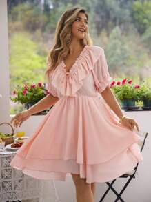 KURAYIA Plus Size Women Off Shoulder Ruffled Tie Neck Puff Sleeve Pink Solid Color Waisted Bohemian Style Spring/Summer Dress - Pink - View 1