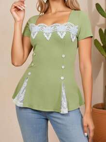 Vacation Casual Color Blocking Lace Patchwork Square Neck Short Sleeve T-Shirt - Mint Green - View 3