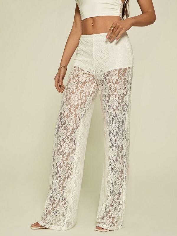 SHEIN Tall Women's Solid Color Lace Sheer Long Pants
