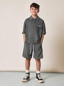 SUMWON Oversized Fit Terry Set For Boys Casual Street Style Two-Piece Set Cozy Polo Tracksuit Wear Set For Kids Athletic Leisure Wear - Dark Grey - View 2