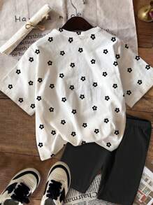 SHEIN Ensemble de 2 pièces avec t-shirt à manches courtes et short, imprimé à pois et fleurs, décontracté et simple, pour jeunes filles, convient pour l'été