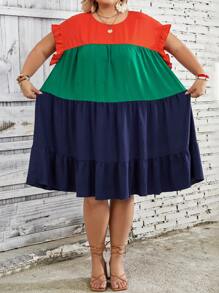 SHEIN CURVE+ Plus Size Women Summer Beach Vacation Style Color Block A-Line Skirt - Multicolor - View 12