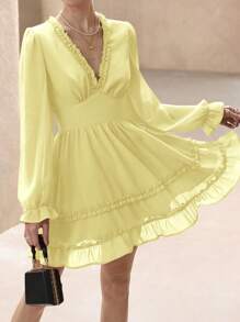 GENKIRA Rose Pink V-Neck Ruffled Layered Romantic Elegant French Style Chiffon Long Sleeve Dress  Old Money Style For Spring Fall - Yellow - View 3
