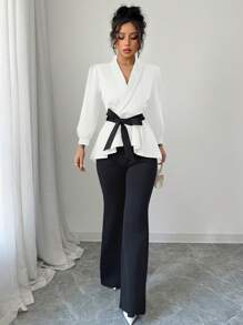 INAWLY Conjunto de 2 piezas con camisa de manga de linterna elegante para oficina y viajes, y pantalones de campana