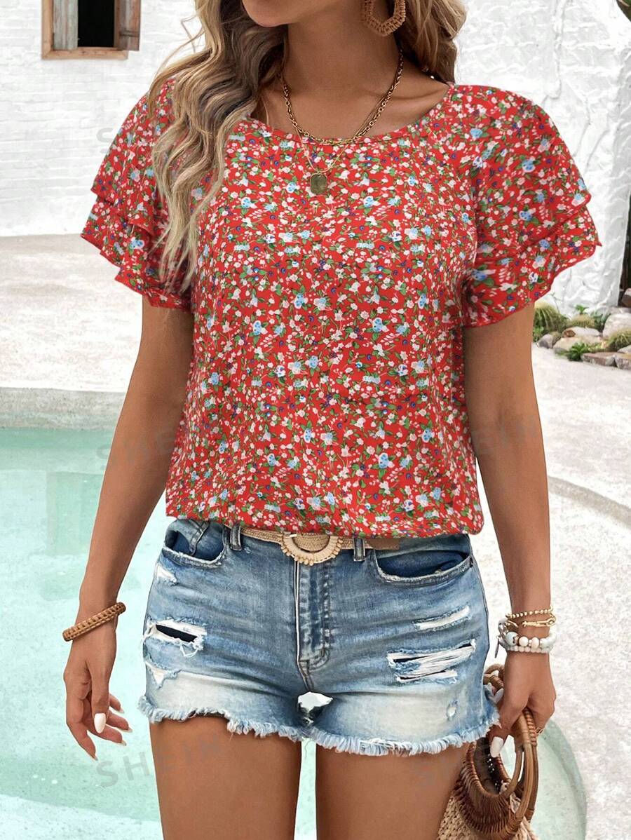 EMERY ROSE Blusa de cuello redondo con volantes y mangas raglán con estampado floral diminuto para vacaciones de mujer