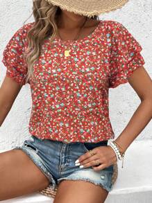 EMERY ROSE Blusa de cuello redondo con volantes y mangas raglán con estampado floral diminuto para vacaciones de mujer