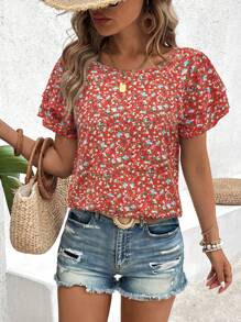 EMERY ROSE Blusa de cuello redondo con volantes y mangas raglán con estampado floral diminuto para vacaciones de mujer