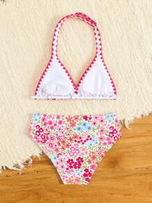 SHEIN Tween Girl Floral Print Halter Bikini Set - Baby Pink - View 2