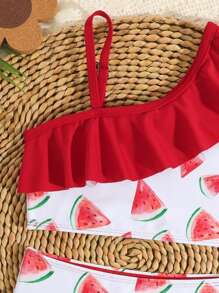 SHEIN Young Girl Watermelon Print Ruffle Trim Bikini Set, Summer Holiday - Red - View 3