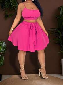 Slaydiva 2pcs Plus Size Women Casual Commuter Vest And A-Line Skirt Set