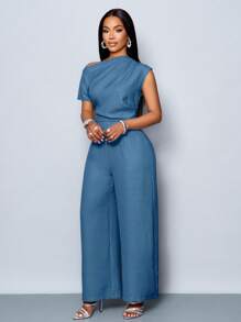 SOLERSUN 四季女装通勤优雅日间外出休闲简约杏色露肩不对称领口肩部褶皱短袖阔腿连体裤