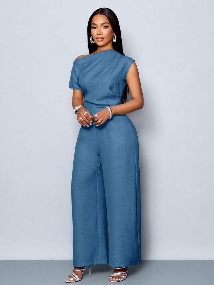 SOLERSUN Macacão casual com ombros à mostra, gola assimétrica, pregas nos ombros, manga curta e perna larga, elegante e simples para o dia a dia, em apricot, para uso em qualquer estação para mulheres - Azul - Visão 3