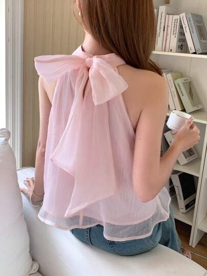 SHEIN TEENGIRL 优雅甜美粉色雪纺露背上衣，装饰蝴蝶结细节露背衬衫