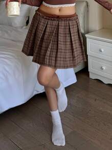 SHEIN 少女复古格子低腰迷你女学生短裙 - 棕色 - 查看 5