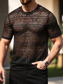 Manfinity Homme Plus Size Men's Hollow Design Round Neck Short Sleeve Fashionable T-Shirt - Black - View 1