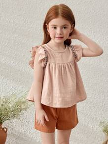 SHEIN Blus Anak Perempuan Gaya Prancis Elegan dengan Hiasan Pita Aprikot, Lengan Berkerut, Leher Bulat, Musim Semi & Musim Panas - Khaki - View 5